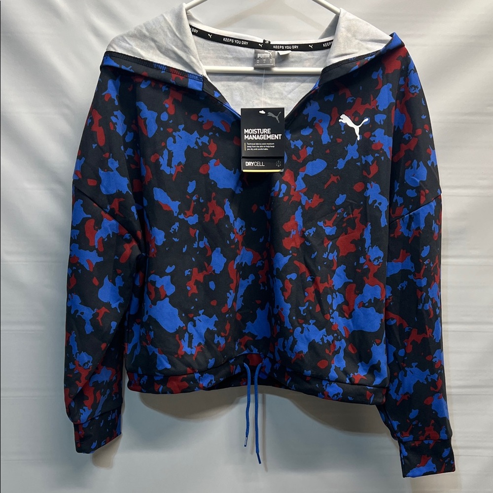 🔥 PUMA DryCELL Cropped Hoodie – Blue Red Black Camo, Women’s Medium (NWT)
